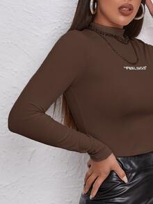 SHEIN Unity Camiseta de cuello alto con bordado de letra tejido de canalé - Café integral - Ver 4