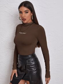 SHEIN Unity Camiseta de cuello alto con bordado de letra tejido de canalé - Café integral - Ver 5