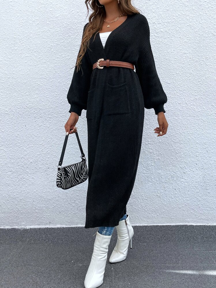 SHEIN LUNE Lantern Sleeve Cardigan Without Belt Fall Winter Cloth For Women - Black - View 3