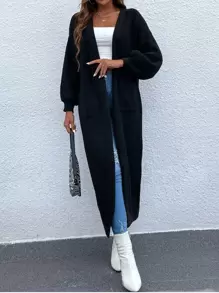 SHEIN LUNE Lantern Sleeve Cardigan Without Belt Fall Winter Cloth For Women - Black - View 6