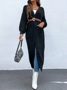 SHEIN LUNE Lantern Sleeve Cardigan Without Belt Fall Winter Cloth For Women - Black - View 7