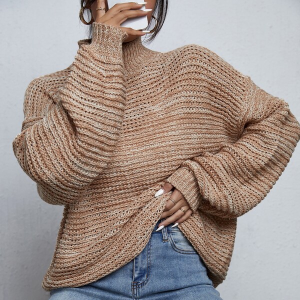

High Neck Drop Shoulder Oversized Sweater, Coffee brown
