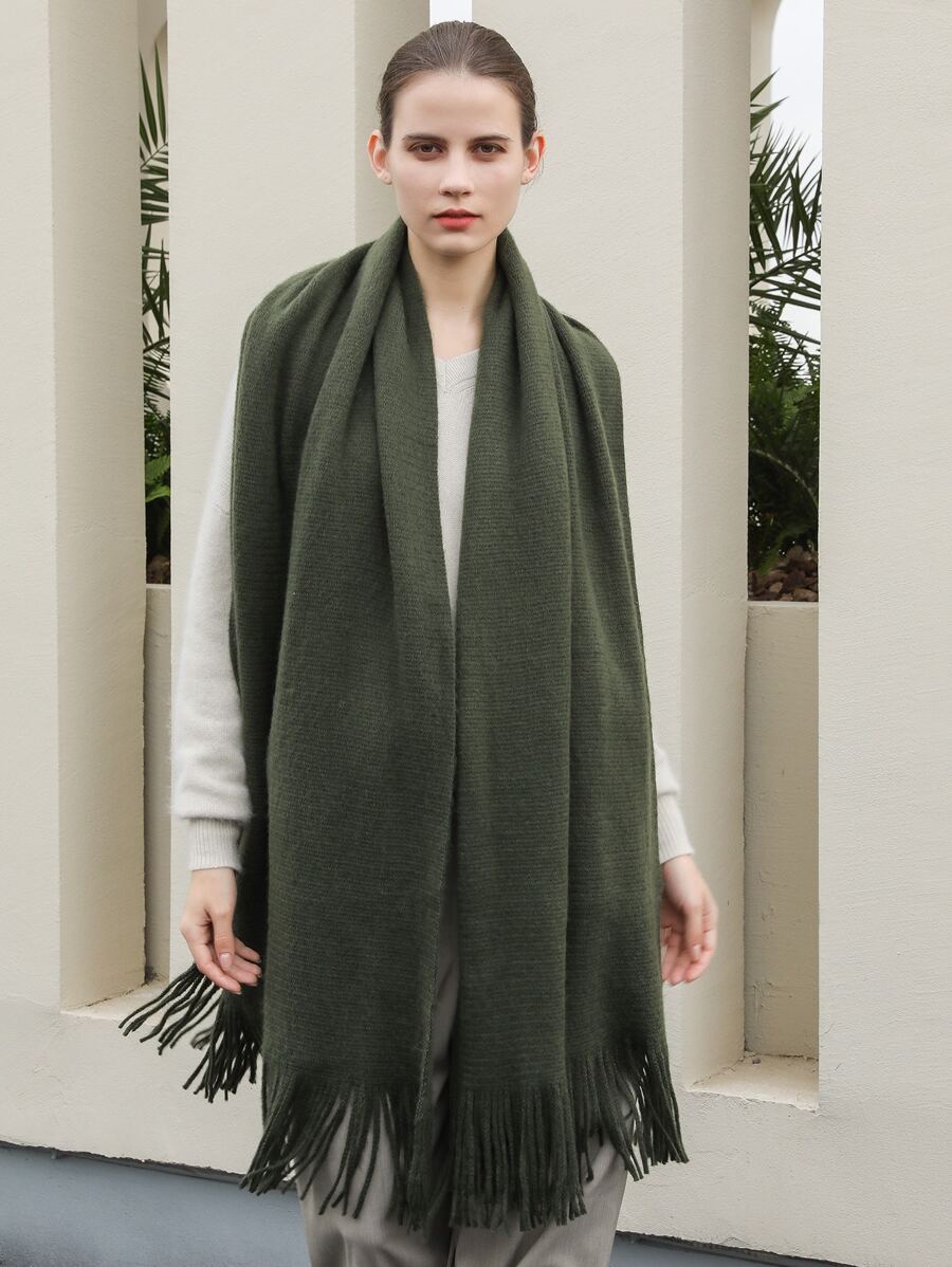 1 Khăn quàng cổ bằng vải polyester dệt kim màu trơn dành cho nữ, khăn quàng cổ ấm áp và thời trang để sử dụng hàng ngày vào mùa thu/đông - xanh quân đội - Xem 1