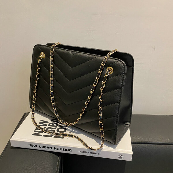 

Textured Chevron Graphic Chain Square Bag, Black
