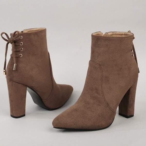 

Bow Decor Side Zipper Chunky Classic Boots, Coffee brown