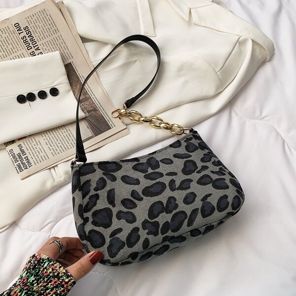 

Leopard Shoulder Chain Baguette Bag, Multicolor