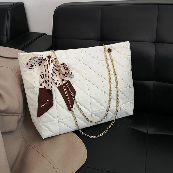 

Minimalist Quilted Chain Tote Bag, White