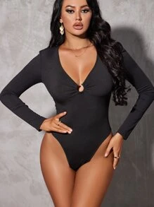 O-ring Plunge Neck Slim Fit Bodysuit - Black - View 1