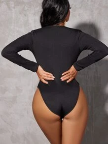 O-ring Plunge Neck Slim Fit Bodysuit - Black - View 3