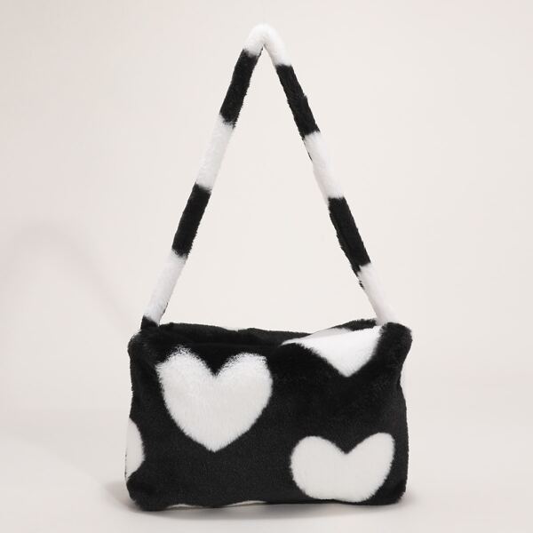 

Heart Graphic Fluffy Baguette Bag, Black