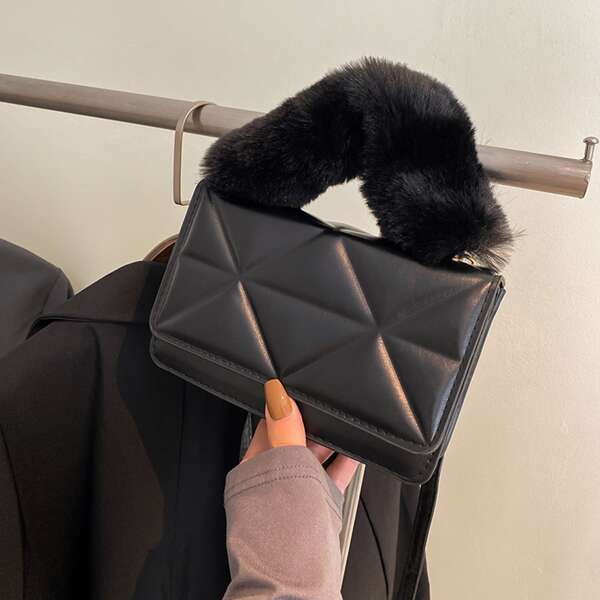

Stitch Detail Flap Square Bag, Black