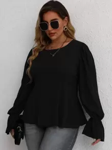 SHEIN LUNE Plus Solid Tie Back Flounce Sleeve Blouse - Black - View 1
