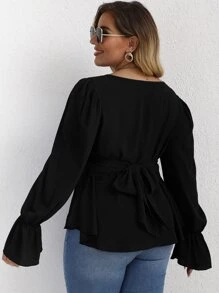 SHEIN LUNE Plus Solid Tie Back Flounce Sleeve Blouse - Black - View 2