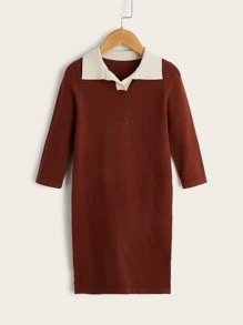 Toddler Girls Contrast Collar Jumper Dress - Rust Brown - View 1