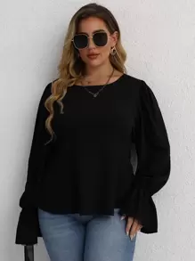 SHEIN LUNE Plus Solid Tie Back Flounce Sleeve Blouse - Black - View 3