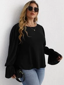 SHEIN LUNE Plus Solid Tie Back Flounce Sleeve Blouse - Black - View 5