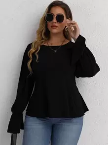 SHEIN LUNE Plus Solid Tie Back Flounce Sleeve Blouse - Black - View 7