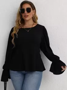 SHEIN LUNE Plus Solid Tie Back Flounce Sleeve Blouse - Black - View 8