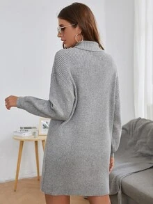 Robe pull à col roulé côtelée sans ceinture - Gris pâle - Voir 2