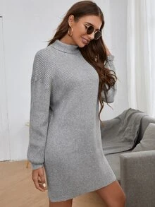 Robe pull à col roulé côtelée sans ceinture - Gris pâle - Voir 3
