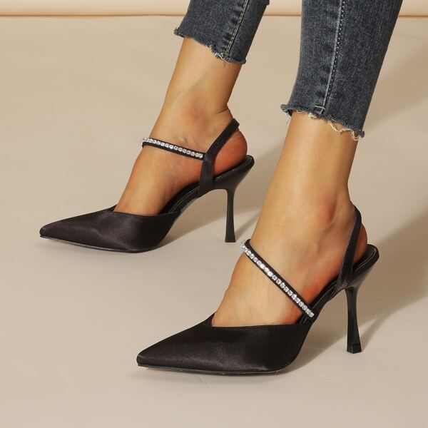 

Rhinestone Decor Point Toe Stiletto Heeled Slingback Pumps, Black