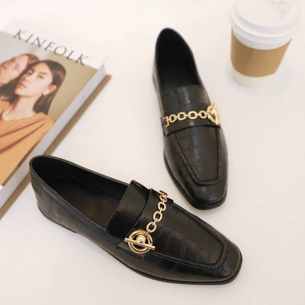 

Metal Decor Square Toe Loafers, Black