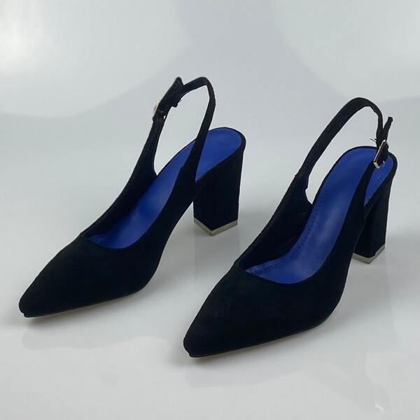 

Suede Point Toe Chunky Slingback Pumps, Black