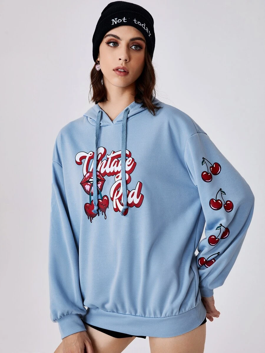 SHEIN Hoodie In Chữ & Anh đào Dây rút - Màu xanh nhạt - Xem 1