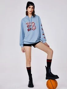 SHEIN Hoodie In Chữ & Anh đào Dây rút - Màu xanh nhạt - Xem 3