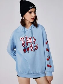 SHEIN Hoodie In Chữ & Anh đào Dây rút - Màu xanh nhạt - Xem 4