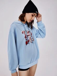 SHEIN Hoodie In Chữ & Anh đào Dây rút - Màu xanh nhạt - Xem 5