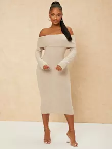 SHEIN SXY Foldover Off Shoulder Bodycon Dress - Beige - View 1
