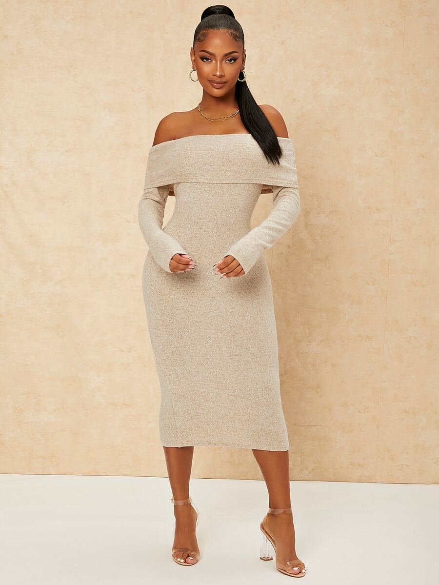 SHEIN SXY Foldover Off Shoulder Bodycon Dress - Beige - View 1