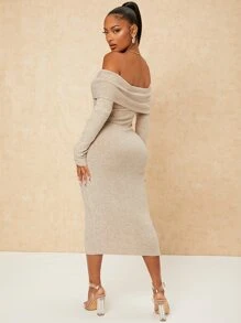SHEIN SXY Foldover Off Shoulder Bodycon Dress - Beige - View 2