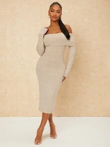 SHEIN SXY Foldover Off Shoulder Bodycon Dress - Beige - View 3