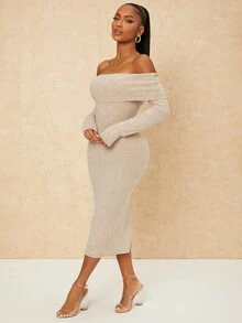 SHEIN SXY Foldover Off Shoulder Bodycon Dress - Beige - View 4