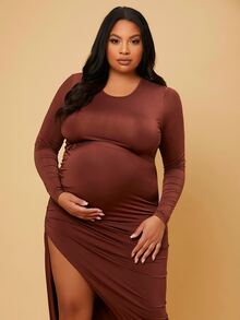 SHEIN Maternity Plus Solid Tee & Ruched Side Asymmetrical Hem Skirt - Coffee Brown - View 3