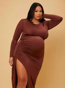 SHEIN Maternity Plus Solid Tee & Ruched Side Asymmetrical Hem Skirt - Coffee Brown - View 6