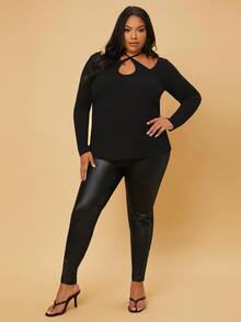 SHEIN Maternity Plus Cut Out Tie Back Tee - Black - View 3