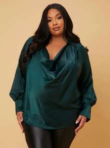 SHEIN Maternity Plus Lantern Sleeve Draped Front Top - Dark Green - View 1