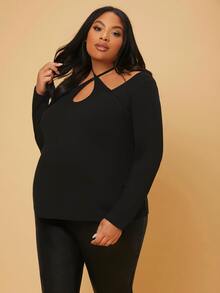 SHEIN Maternity Plus Cut Out Tie Back Tee - Black - View 4