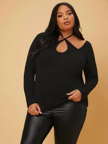 SHEIN Maternity Plus Cut Out Tie Back Tee - Black - View 5