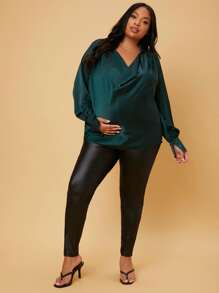 SHEIN Maternity Plus Lantern Sleeve Draped Front Top - Dark Green - View 3