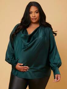 SHEIN Maternity Plus Lantern Sleeve Draped Front Top - Dark Green - View 4