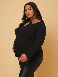 SHEIN Maternity Plus Cut Out Tie Back Tee - Black - View 6