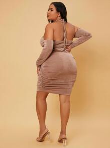 SHEIN Maternidad Talla grande Vestido ajustado de espalda abierta de cuello halter fruncido lateral - Marrón Mocha - Ver 2