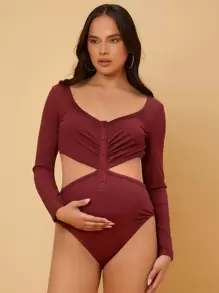 SHEIN Maternity Cut Out Waist Ruched Bodysuit - Maroon - View 1