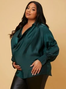 SHEIN Maternity Plus Lantern Sleeve Draped Front Top - Dark Green - View 5