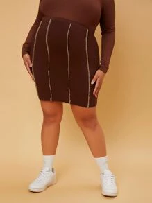 SHEIN Maternity Plus 1pc High Waist Top-stitching Bodycon Skirt - Chocolate Brown - View 1