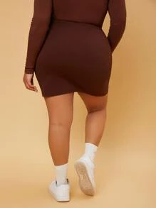 SHEIN Maternity Plus 1pc High Waist Top-stitching Bodycon Skirt - Chocolate Brown - View 2